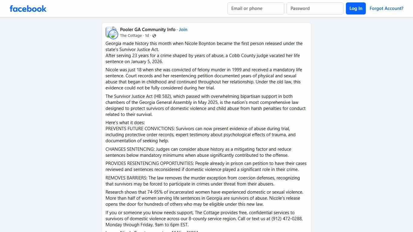 Pooler GA Community Info Georgia made history this month when Nicole Boynton became the first person released under the state's Survivor Justice Act Facebook